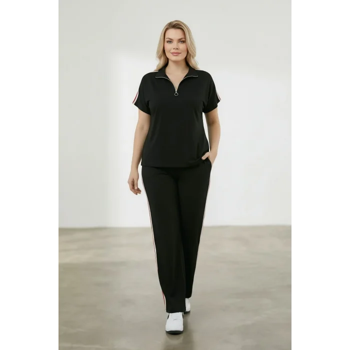 Yakası Fermuarlı Şeritli Takım