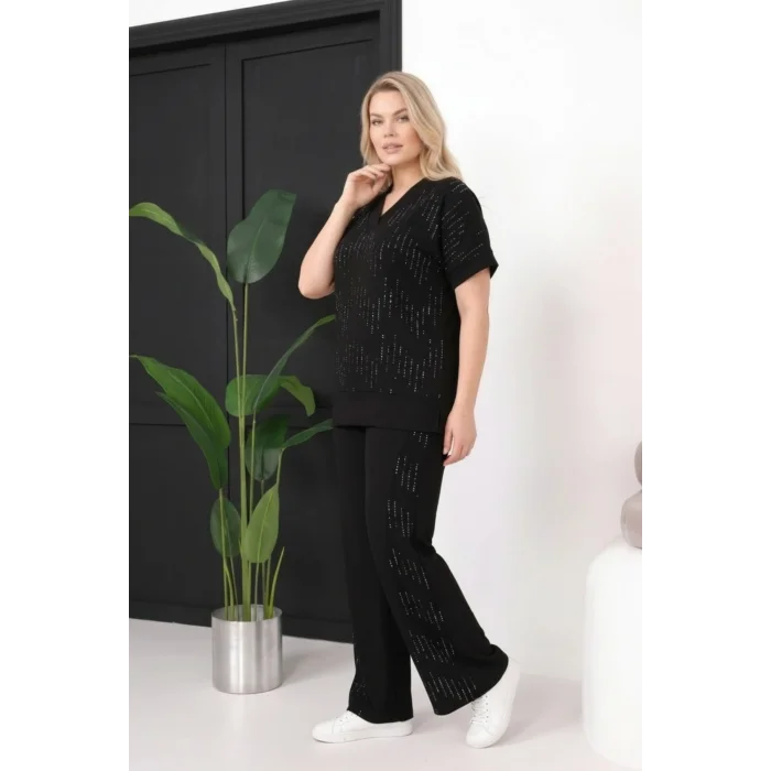 V Yakalı Taş Baskılı Takım