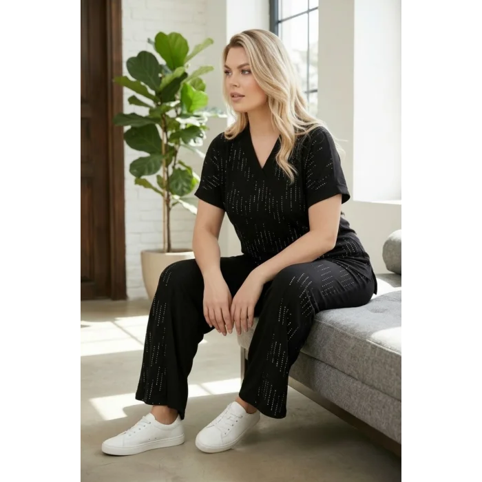 V Yakalı Taş Baskılı Takım