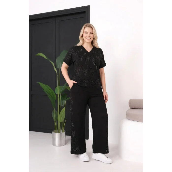 V Yakalı Taş Baskılı Takım