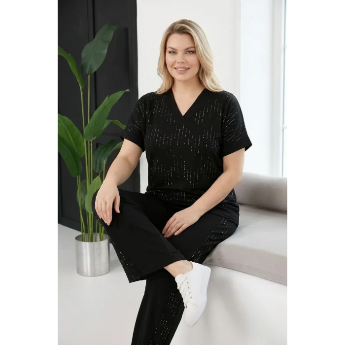 V Yakalı Taş Baskılı Takım