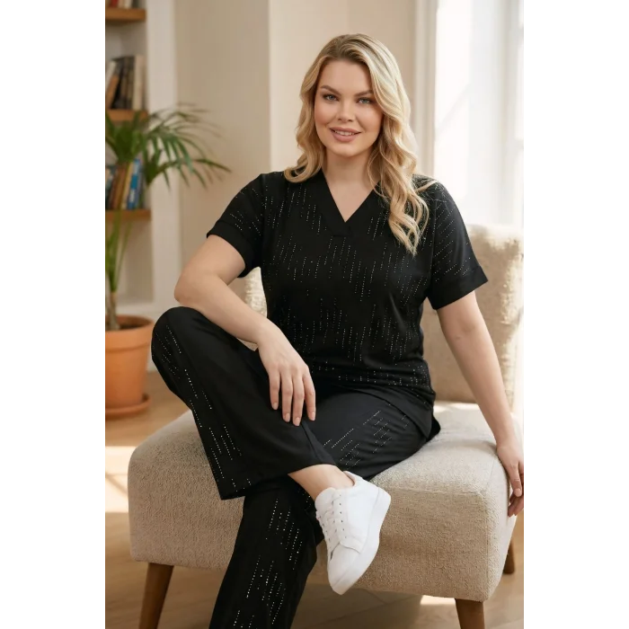 V Yakalı Taş Baskılı Takım