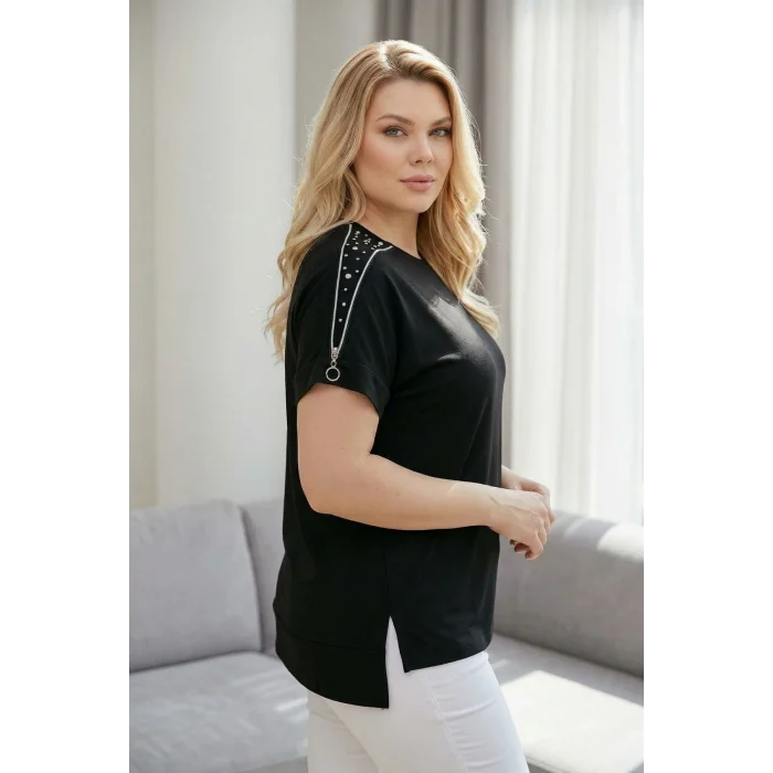 Omuzları Fermuarlı Taşlı Bluz