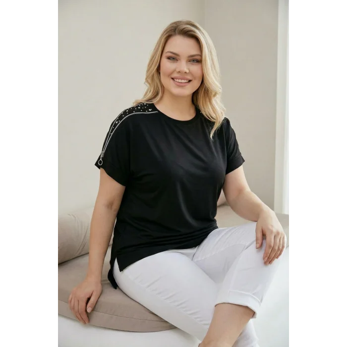 Omuzları Fermuarlı Taşlı Bluz