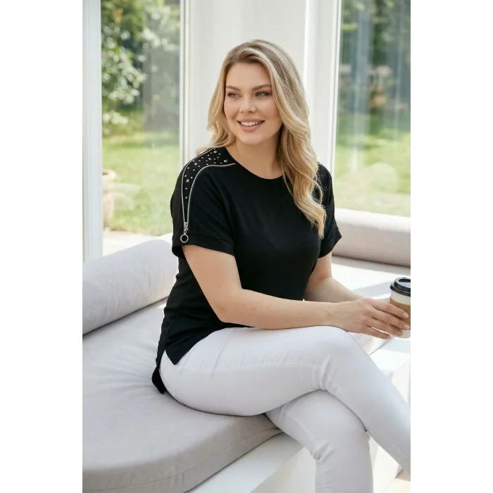 Omuzları Fermuarlı Taşlı Bluz