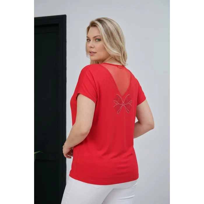 Sırtı Tül Kurdele Taş Baskılı Bluz