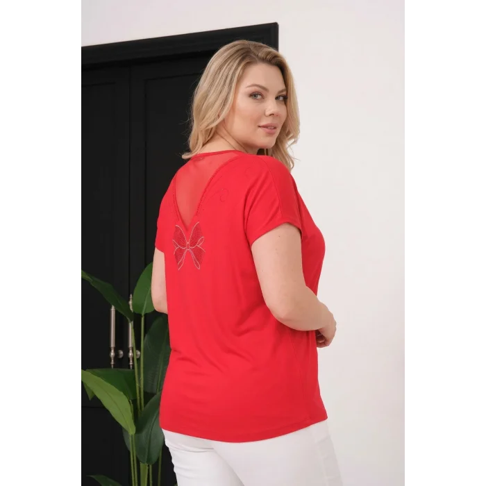 Sırtı Tül Kurdele Taş Baskılı Bluz