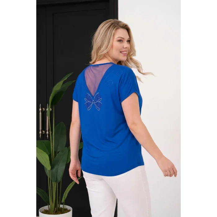 Sırtı Tül Kurdele Taş Baskılı Bluz