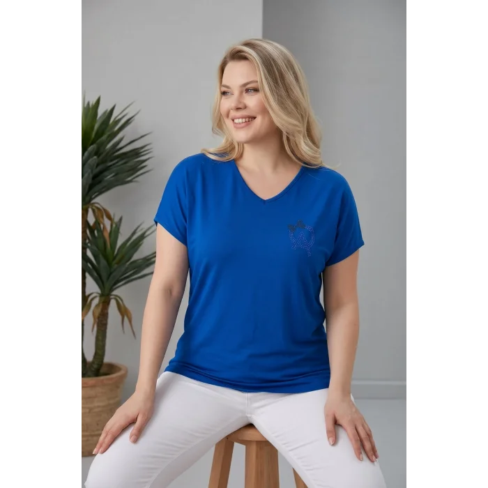 Sırtı Tül Kurdele Taş Baskılı Bluz