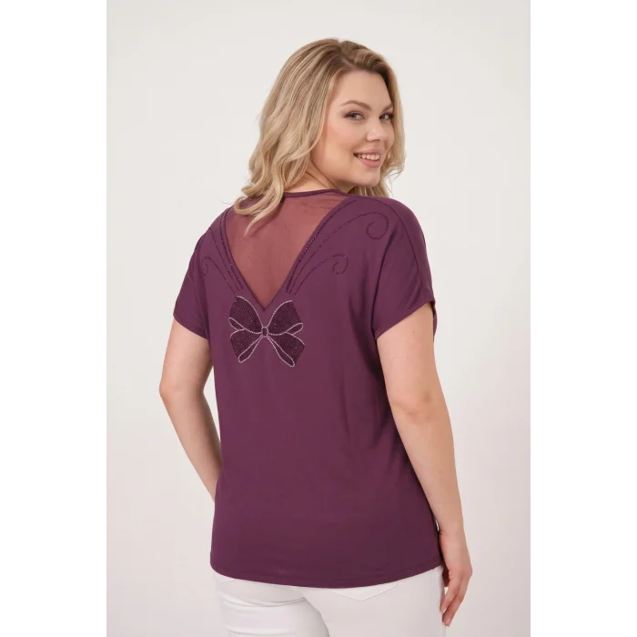 Sırtı Tül Kurdele Taş Baskılı Bluz