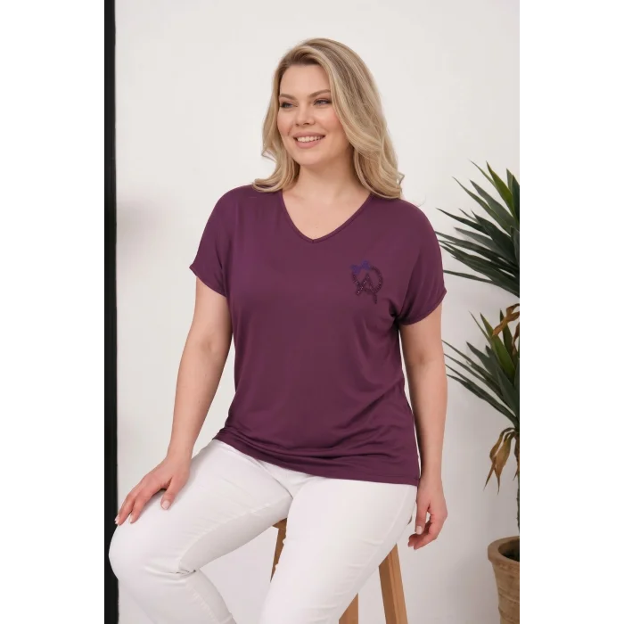 Sırtı Tül Kurdele Taş Baskılı Bluz