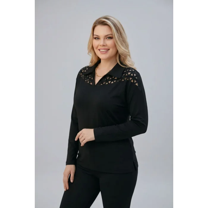 Lazer Kesim Gömlek Yaka Taş Detaylı Bluz