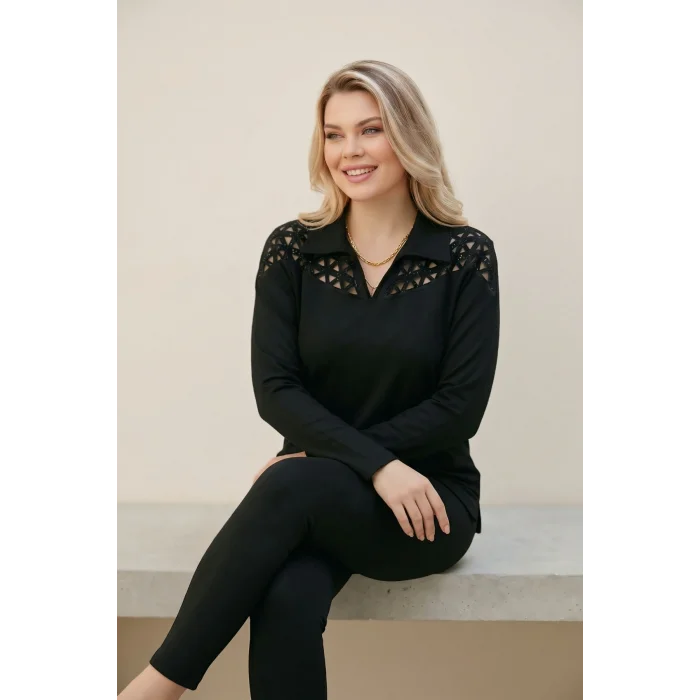 Lazer Kesim Gömlek Yaka Taş Detaylı Bluz