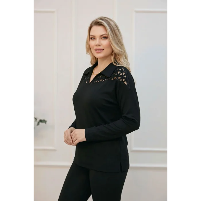 Lazer Kesim Gömlek Yaka Taş Detaylı Bluz