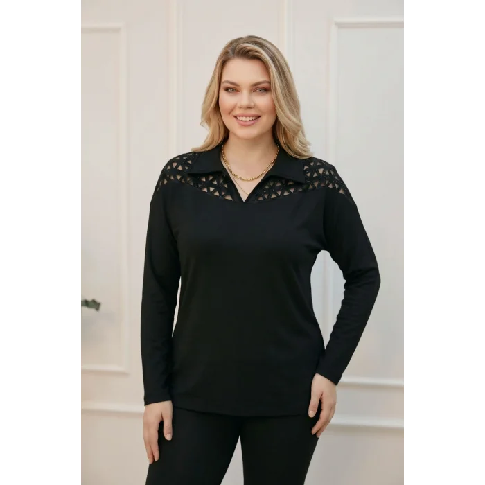 Lazer Kesim Gömlek Yaka Taş Detaylı Bluz