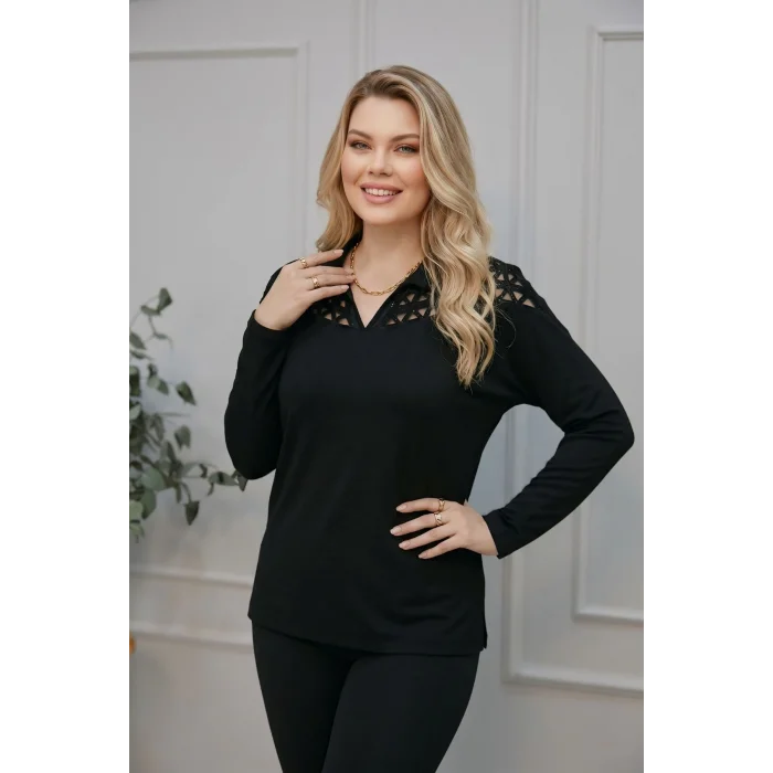 Lazer Kesim Gömlek Yaka Taş Detaylı Bluz