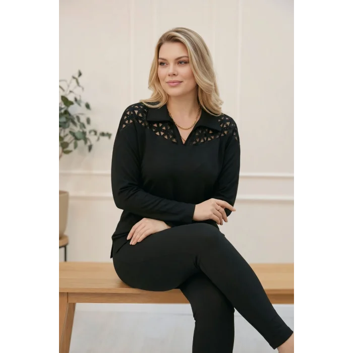 Lazer Kesim Gömlek Yaka Taş Detaylı Bluz