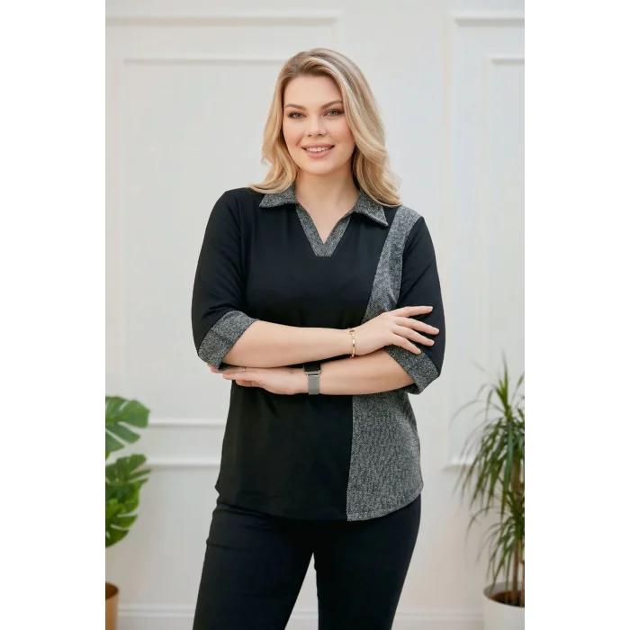 Gömlek Yaka  Blok Sim Parçalı Bluz