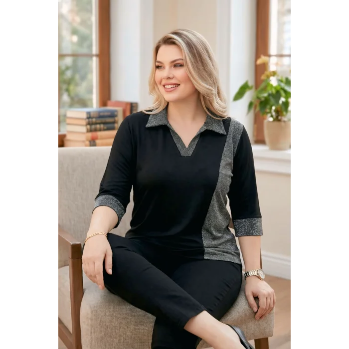 Gömlek Yaka  Blok Sim Parçalı Bluz