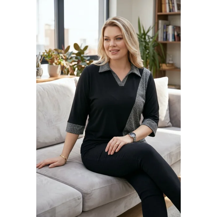 Gömlek Yaka  Blok Sim Parçalı Bluz