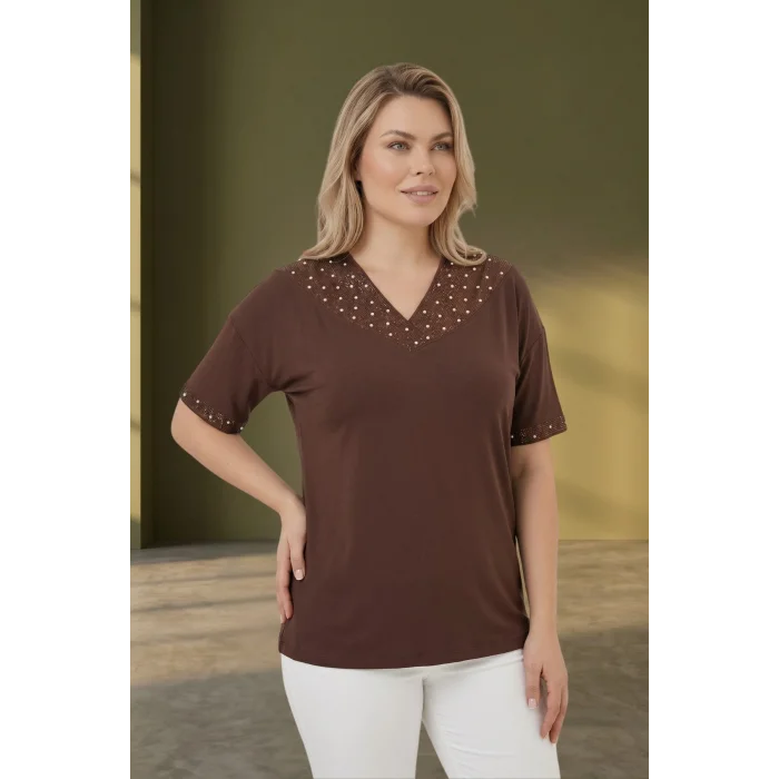 Yakası Kolları İnci Detaylı Bluz