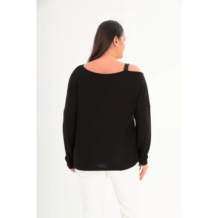 Blok Deri Parçalı Taş Baskılı Askılı Bluz