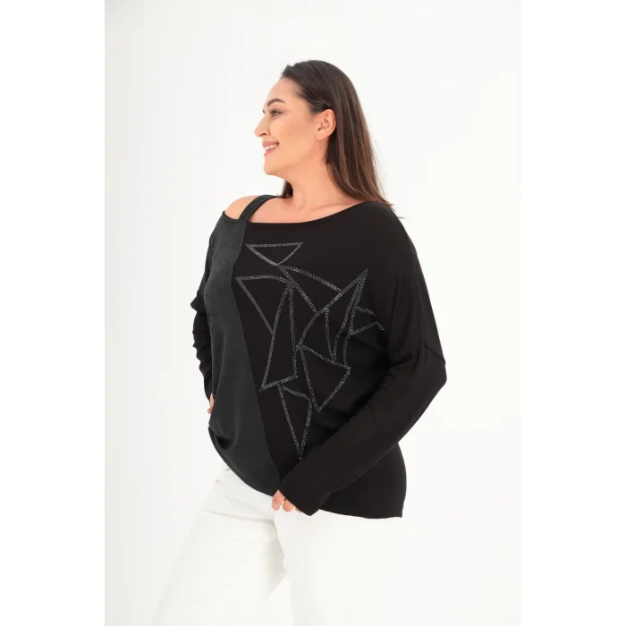 Blok Deri Parçalı Taş Baskılı Askılı Bluz