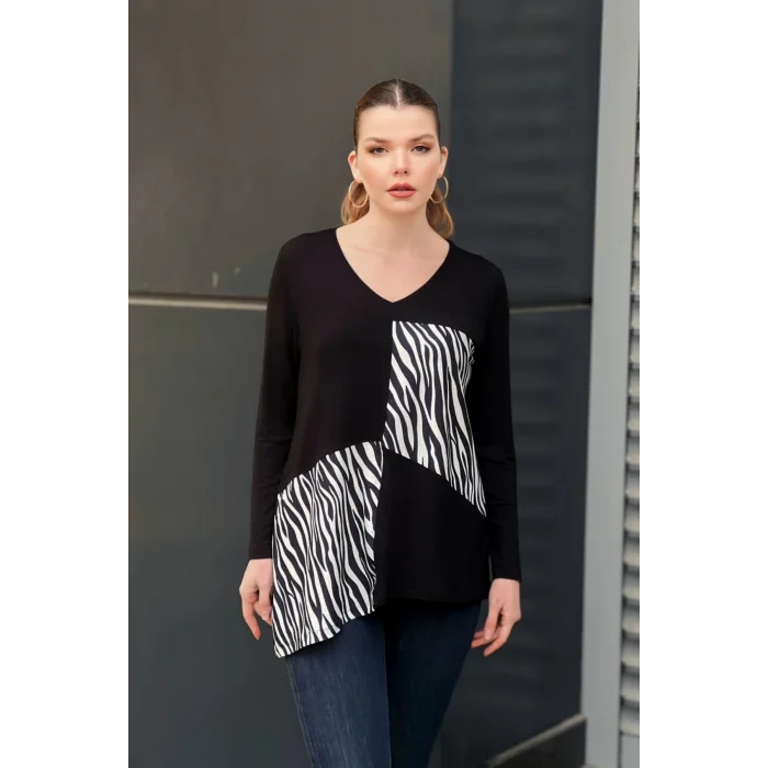Blok Parçalı Zebra Desenli Bluz