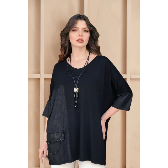 Cepli Suni Deri Detaylı Zincir Aksesuarlı Salaş Bluz