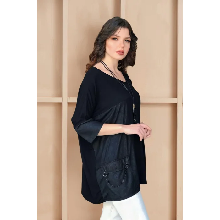 Cepli Suni Deri Detaylı Zincir Aksesuarlı Salaş Bluz