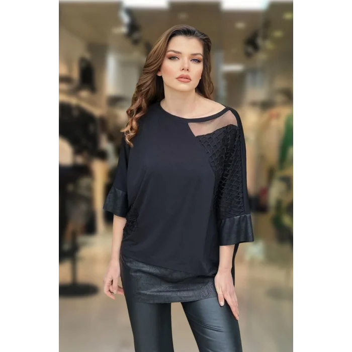 Deri File Detaylı Salaş Bluz