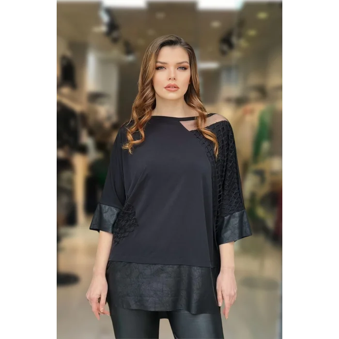 Deri File Detaylı Salaş Bluz