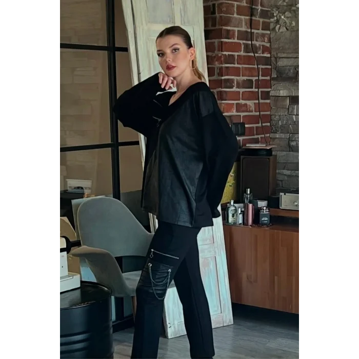 Deri Parçalı Fermuarlı Takım