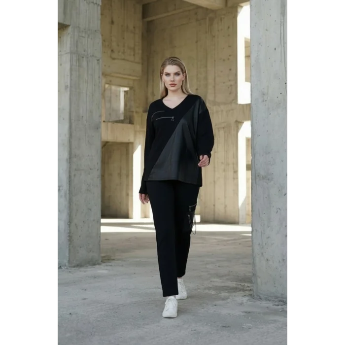 Deri Parçalı Fermuarlı Takım