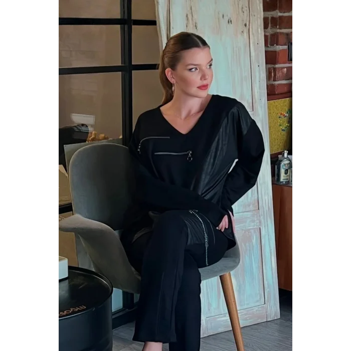 Deri Parçalı Fermuarlı Takım