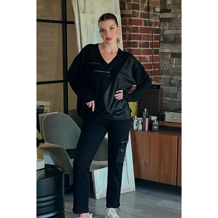 Deri Parçalı Fermuarlı Takım