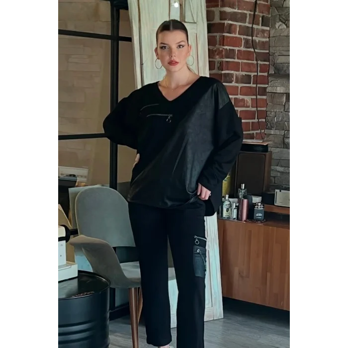 Deri Parçalı Fermuarlı Takım