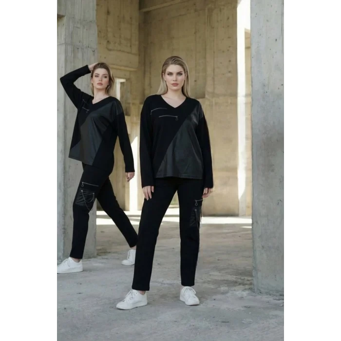 Deri Parçalı Fermuarlı Takım