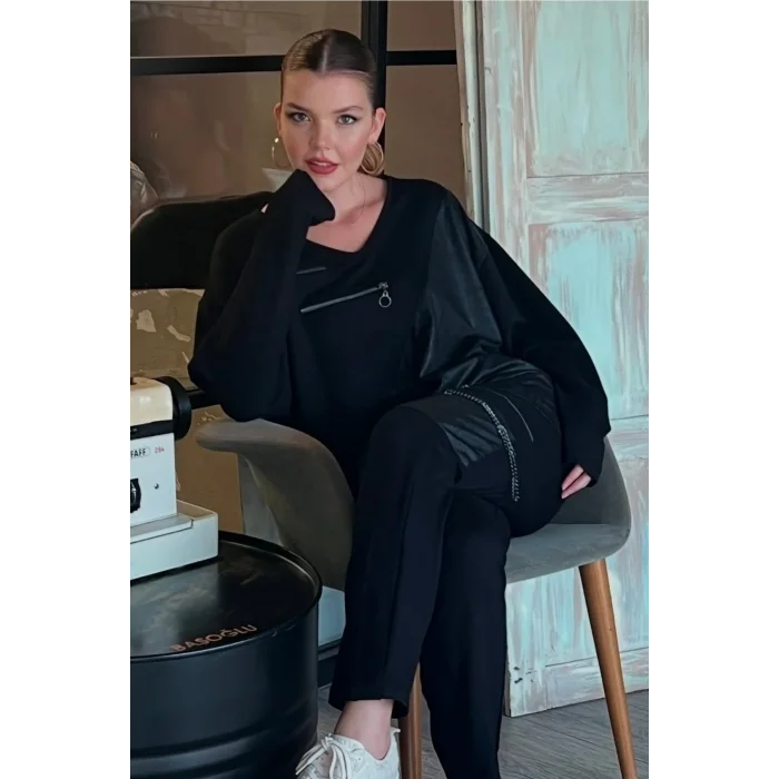 Deri Parçalı Fermuarlı Takım