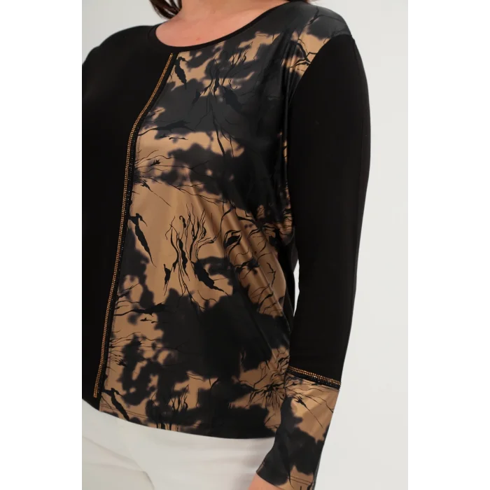 Desenli Parçalı Taş Baskılı Bluz