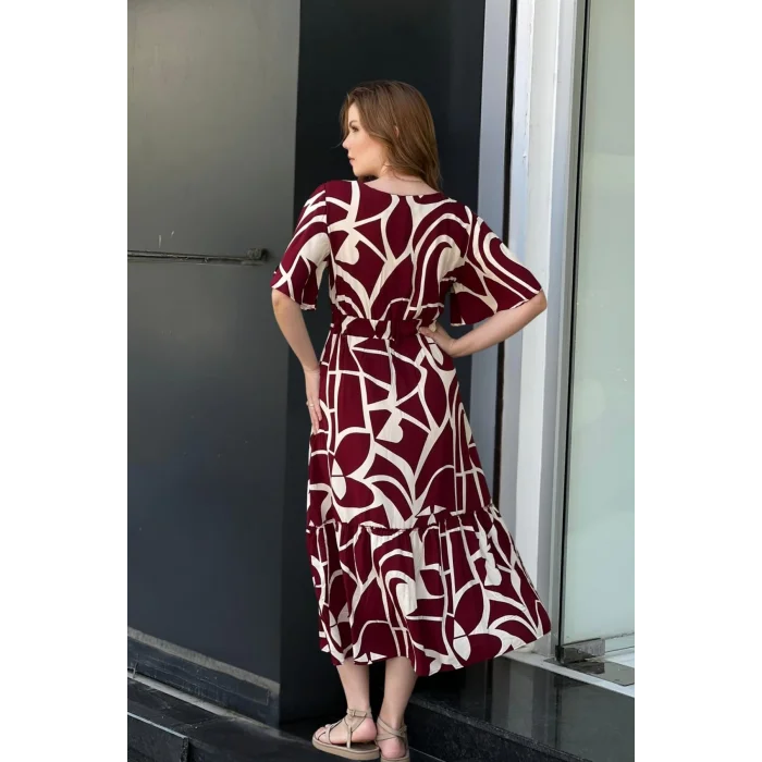 Desenli Yakası Düğmeli Elbise