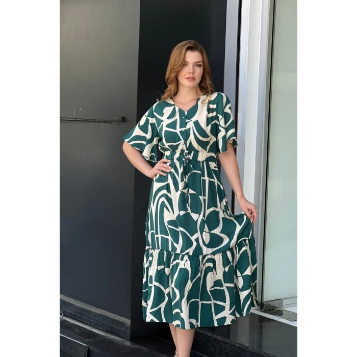 Desenli Yakası Düğmeli Elbise