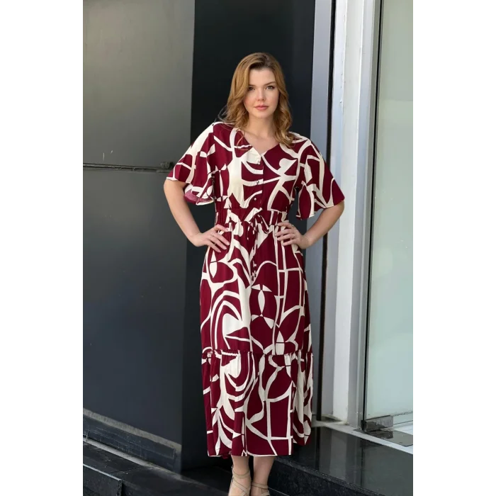 Desenli Yakası Düğmeli Elbise