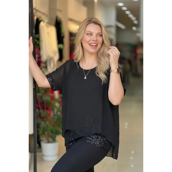 Eteği Pullu Şifon Bluz