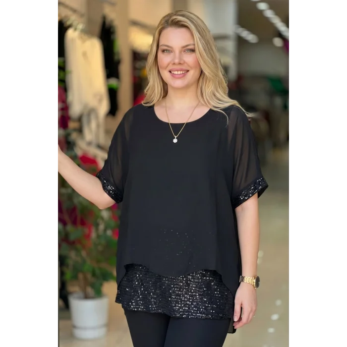 Eteği Pullu Şifon Bluz