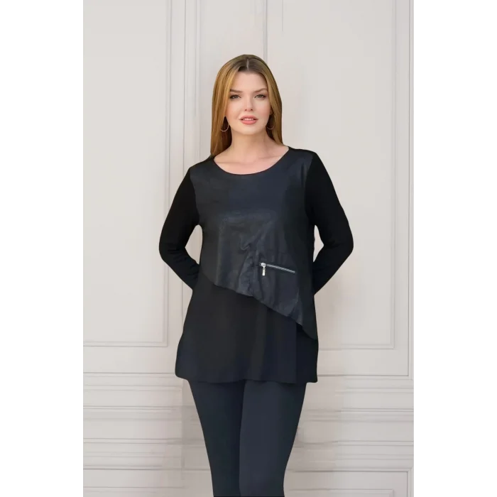 Fermuar Detaylı Asimetrik Bluz
