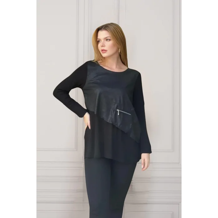 Fermuar Detaylı Asimetrik Bluz