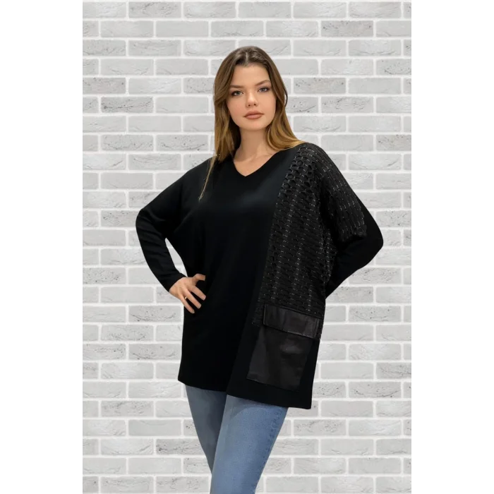 File Detaylı Deri Cepli Bluz