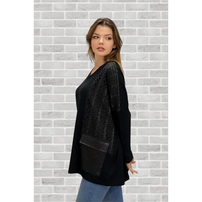 File Detaylı Deri Cepli Bluz