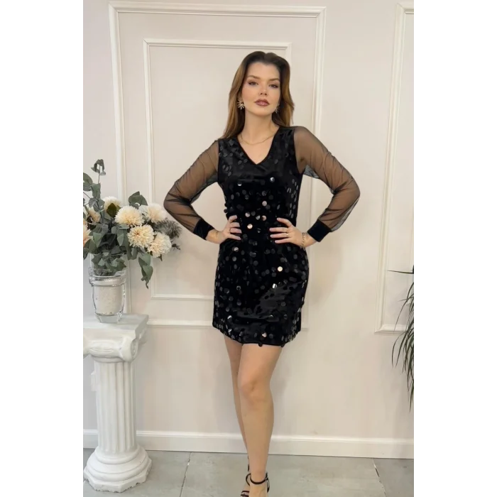 Kadife Pullu Kolları Tül Elbise